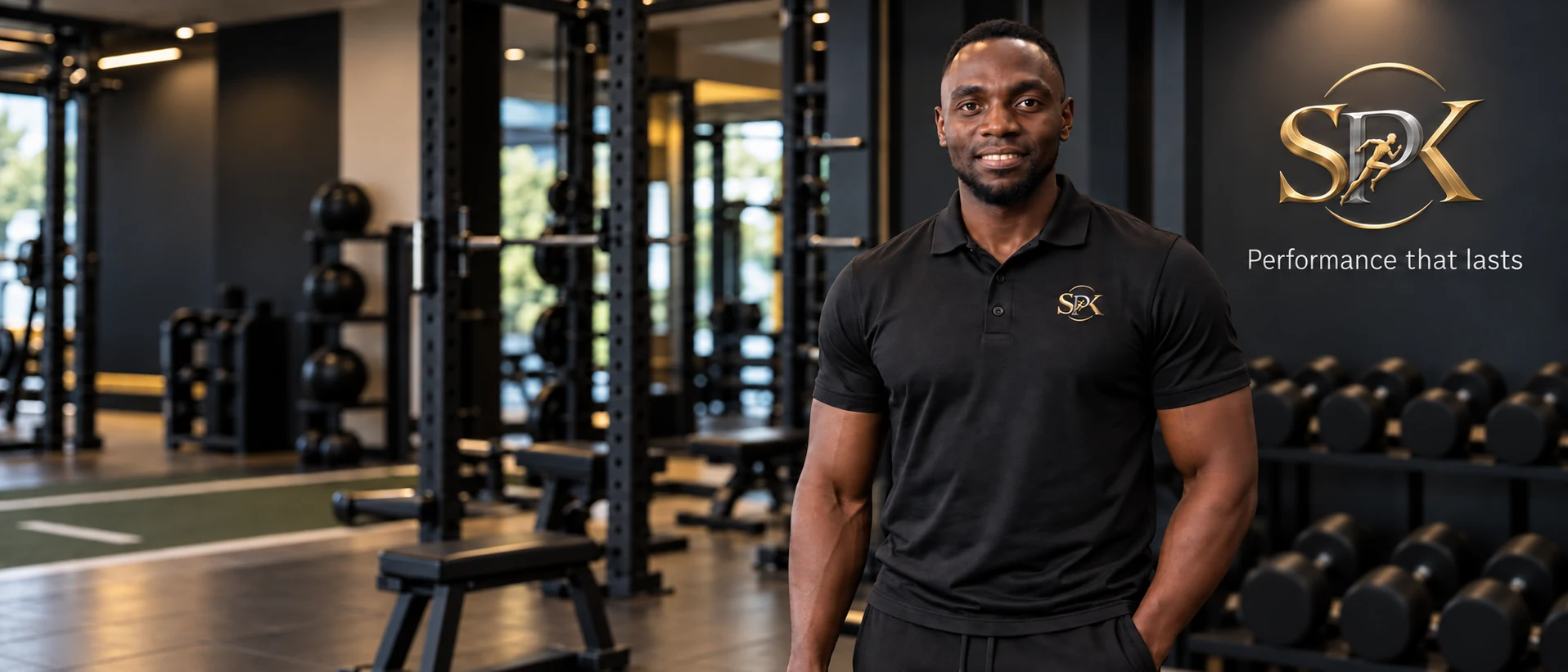 Simon in the SPK Performance gym wearing a black SPK polo, with the gold and silver wall logo behind him.