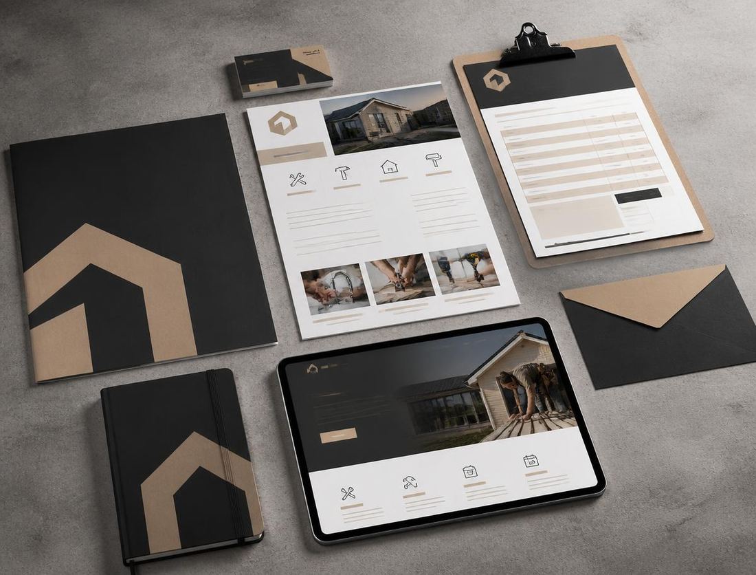 Concept brand suite for Northfield Property Services: charcoal and sand folder, printed service sheet, clipboard estimate form and a tablet showing a service website.