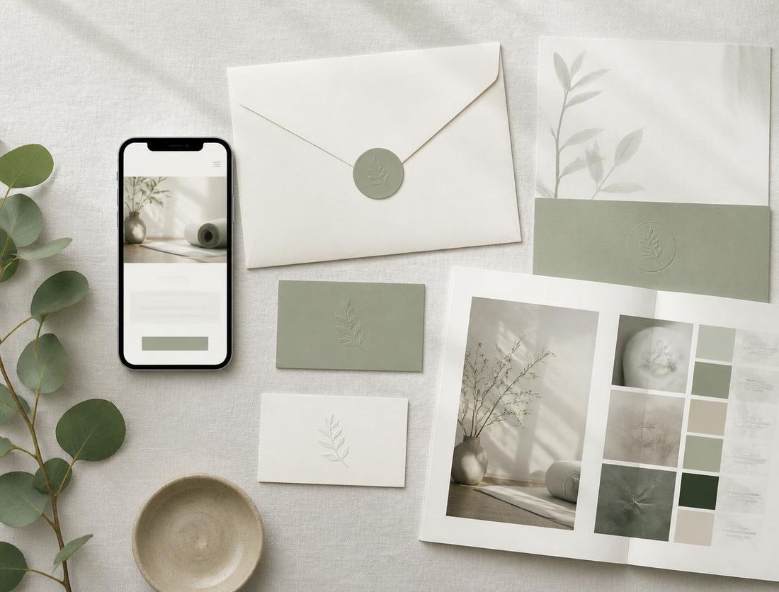 Concept brand suite for Fern & Co.: ivory and sage stationery, a phone showing a booking page and a printed mini brand guide.