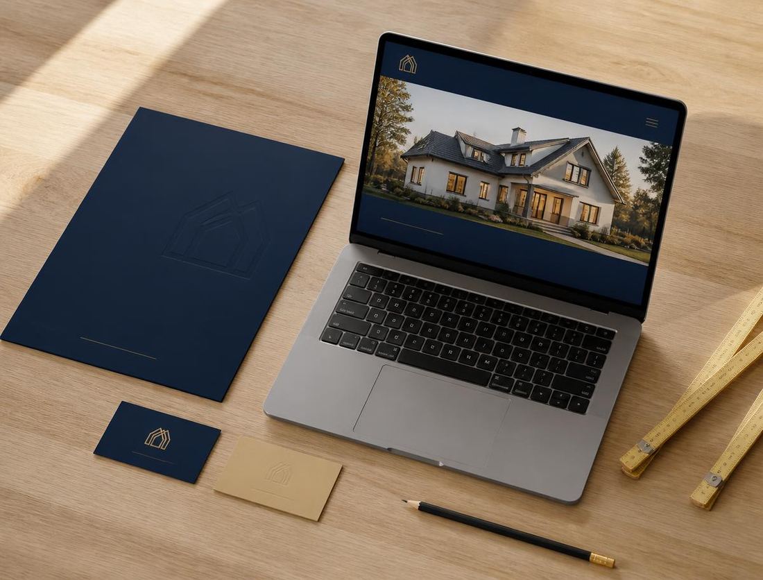 Concept brand suite for Harbor Homes: navy folder, navy and sand business cards and a laptop showing a renovation website.